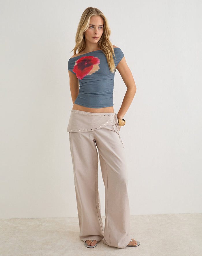 Image of Doka Trouser in Stone Linen with Studs Trim