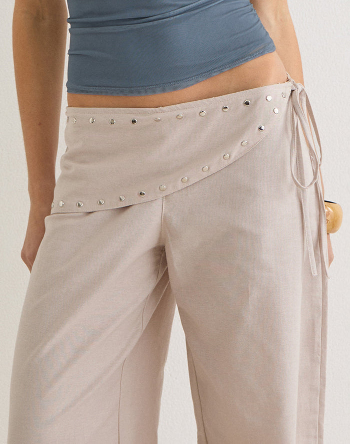Image of Doka Trouser in Stone Linen with Studs Trim