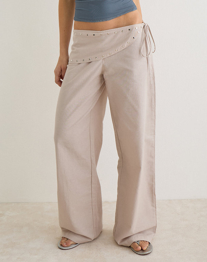 Image of Doka Trouser in Stone Linen with Studs Trim