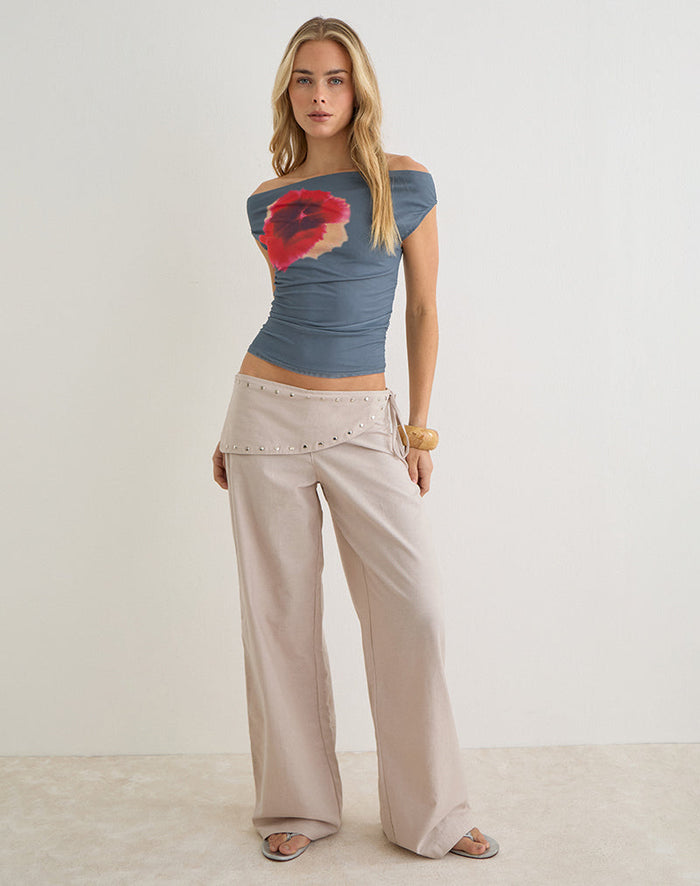Image of Doka Trouser in Stone Linen with Studs Trim