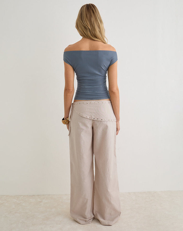 Image of Doka Trouser in Stone Linen with Studs Trim