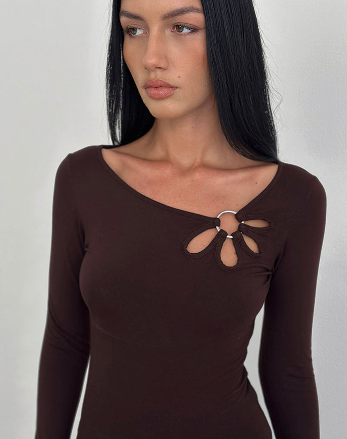 Image of Donela Long Sleeve Top with Flower Ring in Bitter Chocolate