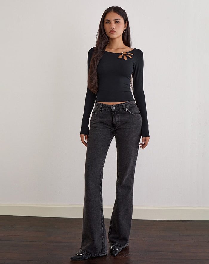 Image of Donela Long Sleeve Top with Flower Ring in Black