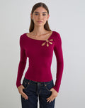 Image of Donela Long Sleeve Top with Flower Ring in Burgundy