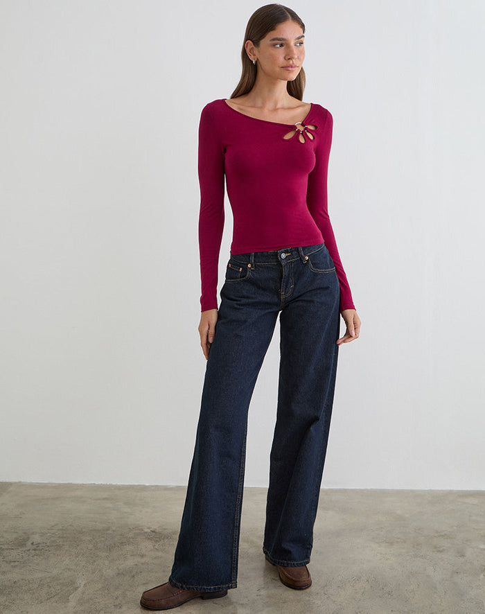 Image of Donela Long Sleeve Top with Flower Ring in Burgundy