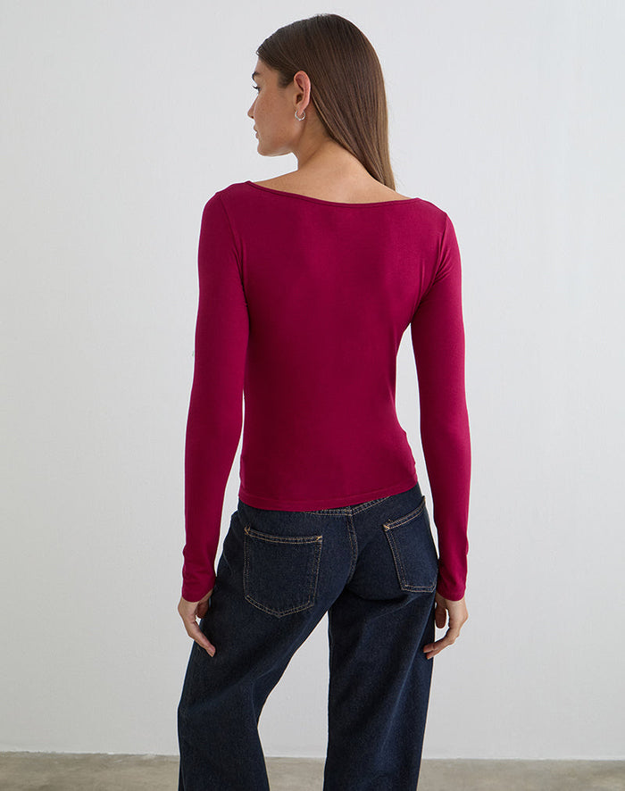 Image of Donela Long Sleeve Top with Flower Ring in Burgundy