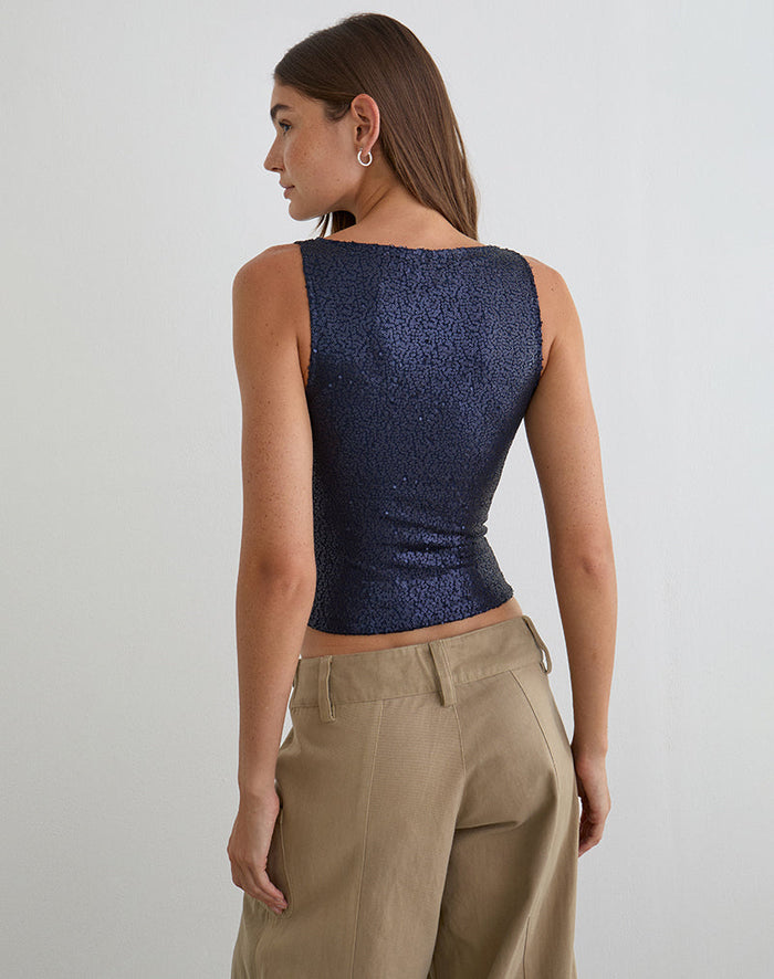 Image of Dudley Vest Top in Drape Sequin Navy