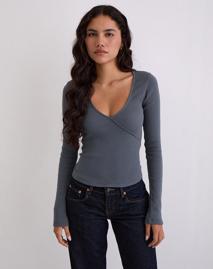 Image of Dulcet Ribbed Plunge Long Sleeve Top in Blue Granite
