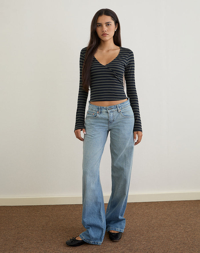 Image of Dulcet Ribbed Plunge Top in Classic Striped Navy and Grey