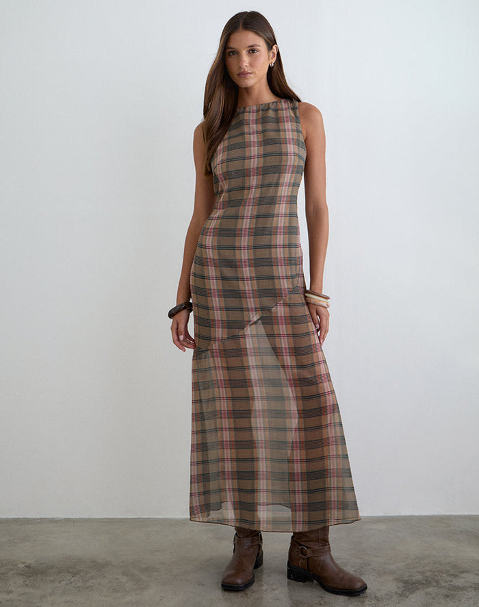 Image of Elska Maxi Dress in Brown and Pink Blurry Check