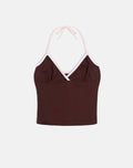 Image of Elspe Halter Top in Bitter Chocolate with Light Pink Binding