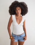 Image of Emberly Plunge Top in White with Micro Polka Black