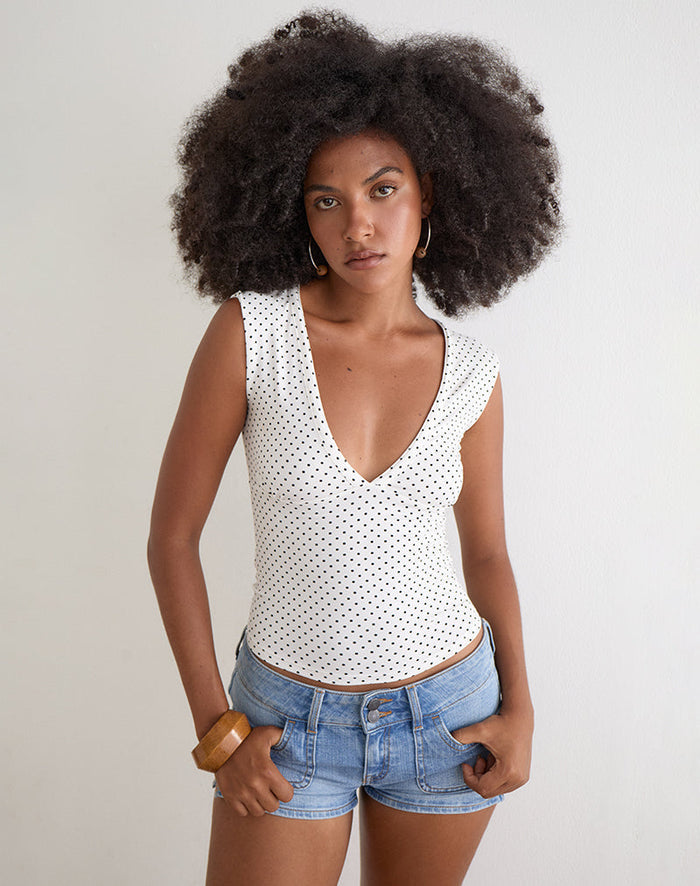 Image of Emberly Plunge Top in White with Micro Polka Black