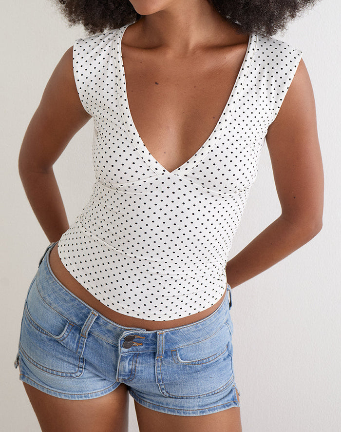 Image of Emberly Plunge Top in White with Micro Polka Black