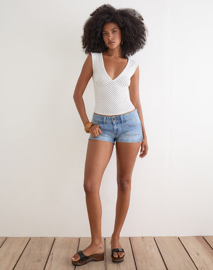 Image of Emberly Plunge Top in White with Micro Polka Black