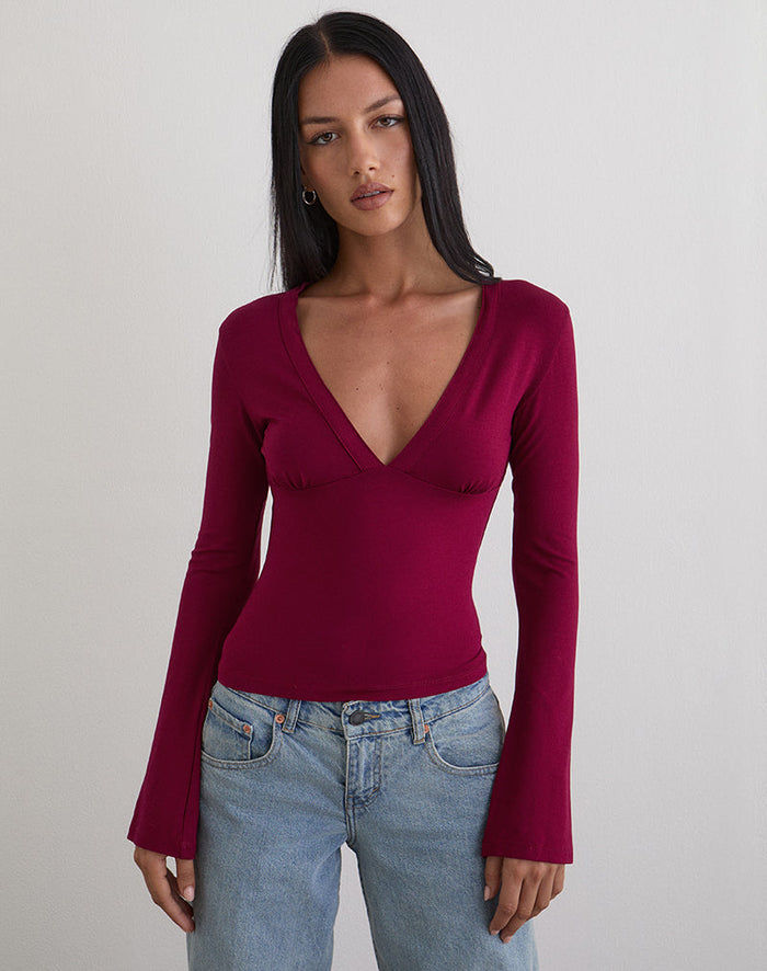 Image of Emesy Long Sleeve Top in Burgundy