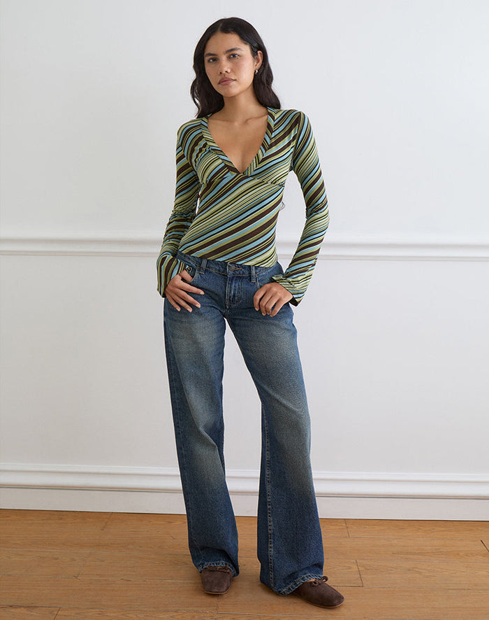 Image of Emesy Long Sleeve Top in Mixed Stripe Green