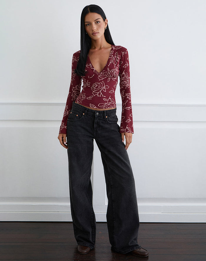 Image of Emesy Long Sleeve Top in Outline Rose Marooon