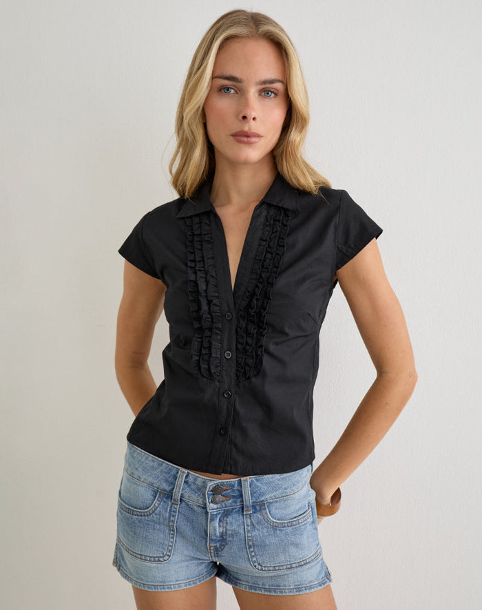 Image of Estu Blouse with Centre Front Frill in Poplin Black