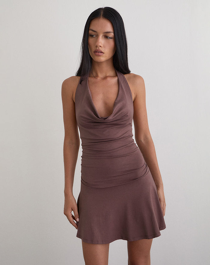 Image of Eutalia Cowl Neck Halter Dress in Deep Taupe
