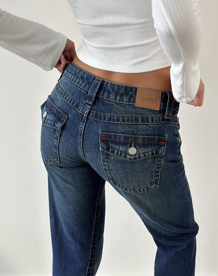 Image of Extra Low Rise Twisted Seam Jeans in Mid Blue Tint