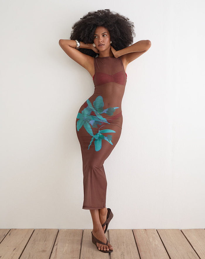 Image of Fay Midi Dress in Brown with Blue Desert Rose