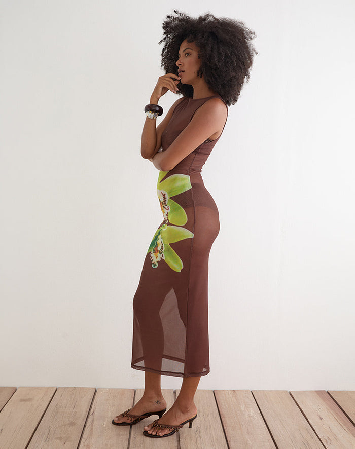 Image of Fay Midi Dress in Brown with Green Dendrobium Flower