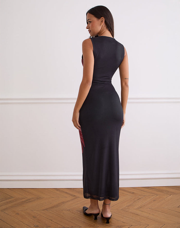 Image of Fayola Maxi Dress In Black with Burgundy Watercolour Flower