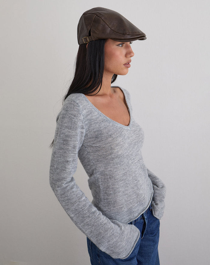 Image of Flat Cap in PU Dark Brown