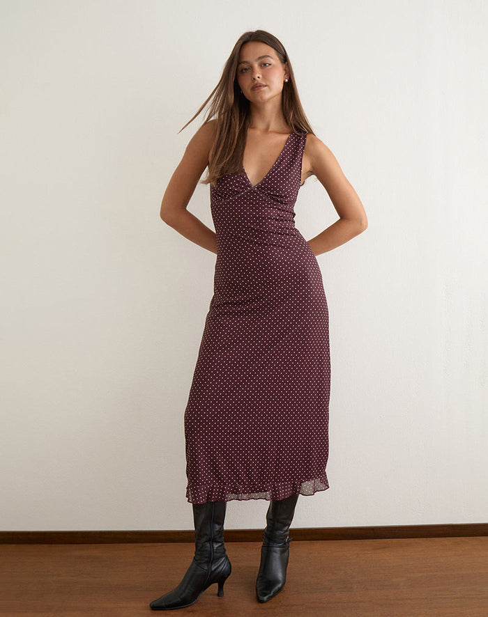 Image of Gabriela Midi Dress in Brown with Micro Polka Print