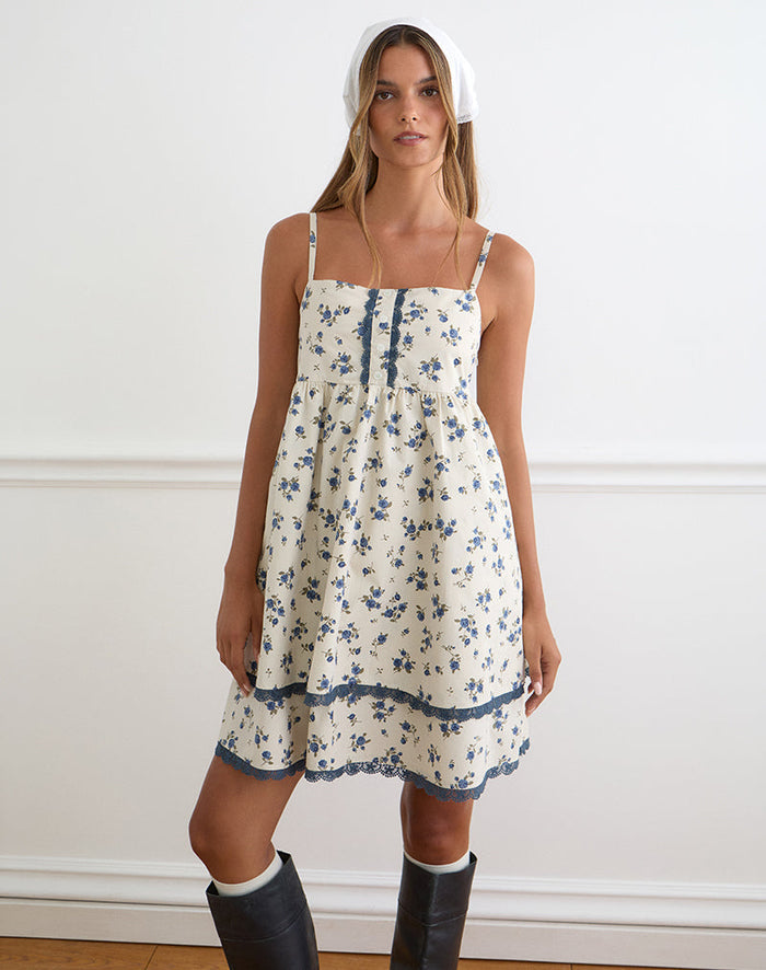 Image of Gal Mini Dress in Ditsy Leaf Rose Navy