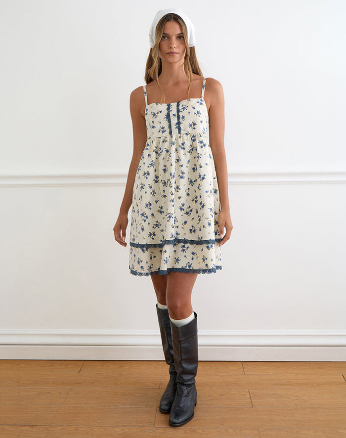 Image of Gal Mini Dress in Ditsy Leaf Rose Navy