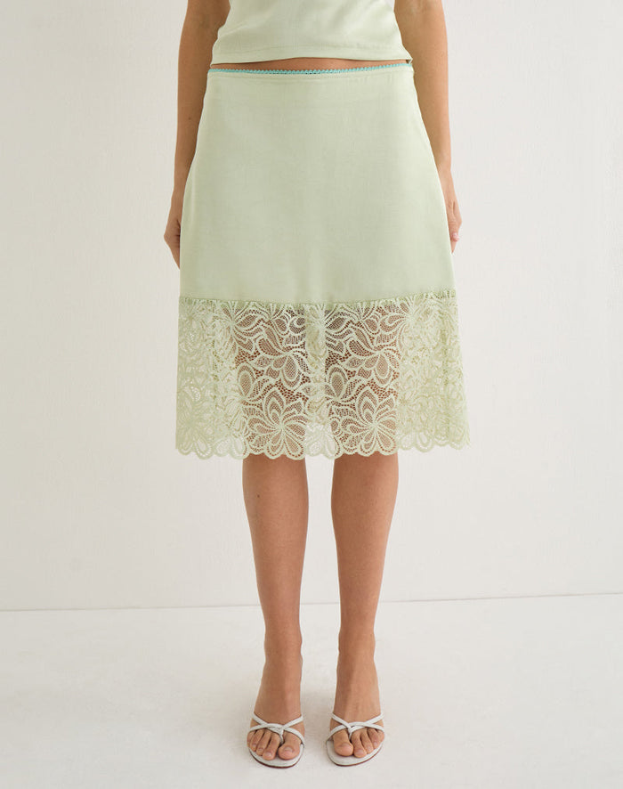 Image of Garula Skirt in Satin Sage with Lace Trim