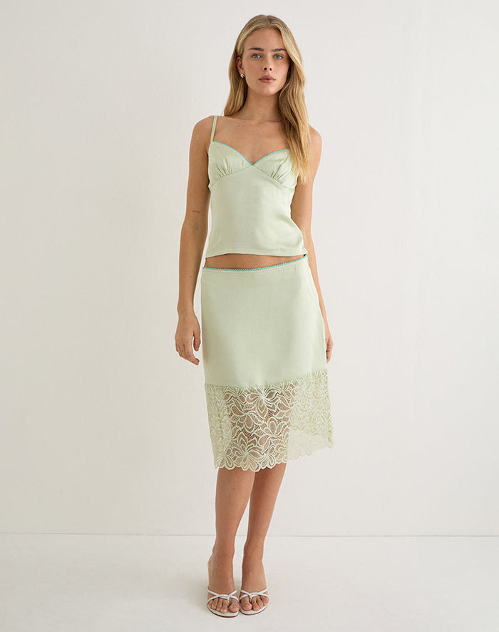Image of Garula Skirt in Satin Sage with Lace Trim