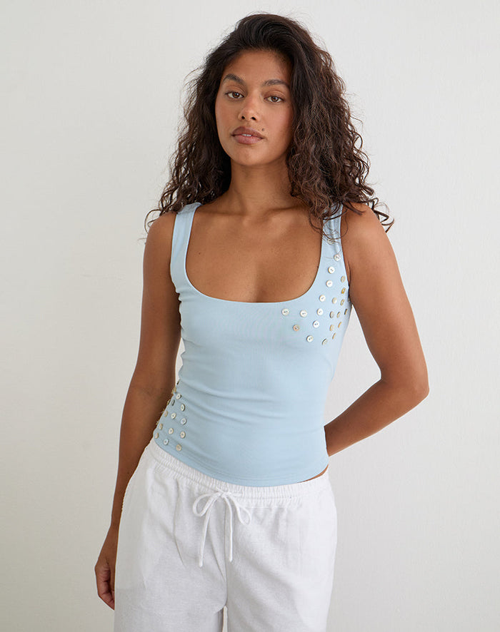 Image of Gelita Vest with Pearl Buttons in Blue Eco Lyocell