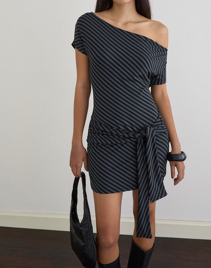 Image of Genya Mini Dress in Oblique Stripe Ocean Storm