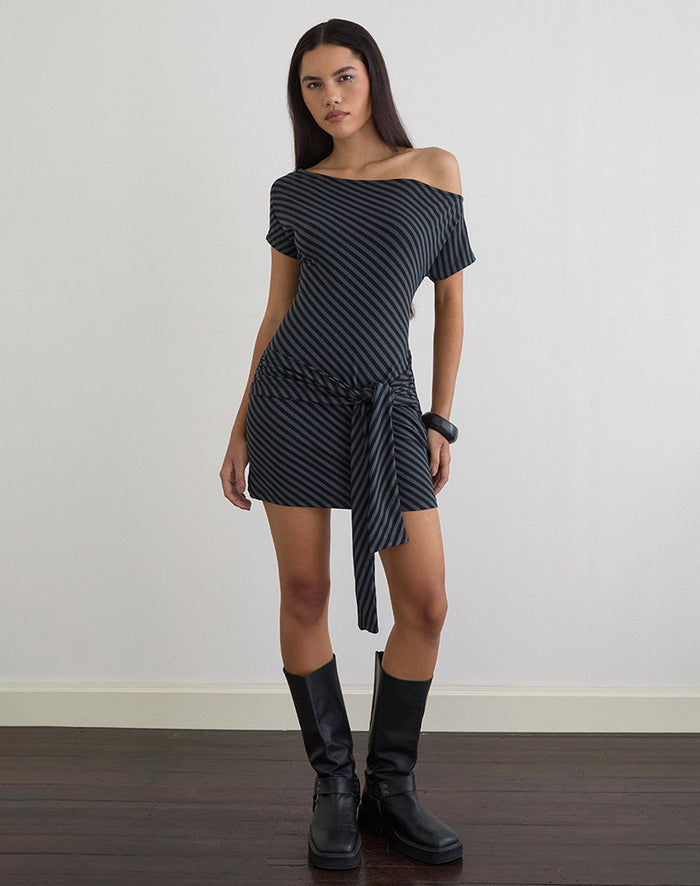 Image of Genya Mini Dress in Oblique Stripe Ocean Storm