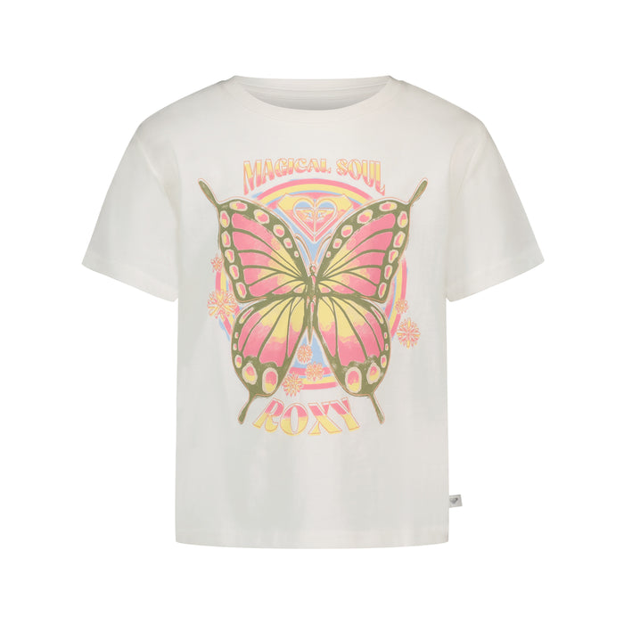 Introducing the Girls' Butterfly Groove Tee by Roxy—a white cotton tee with a bold pink and yellow butterfly graphic, MAGICAL SOUL above, ROXY below, and floral and heart accents for a boho vibe.