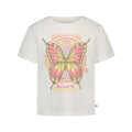 Introducing the Girls' Butterfly Groove Tee by Roxy—a white cotton tee with a bold pink and yellow butterfly graphic, MAGICAL SOUL above, ROXY below, and floral and heart accents for a boho vibe.