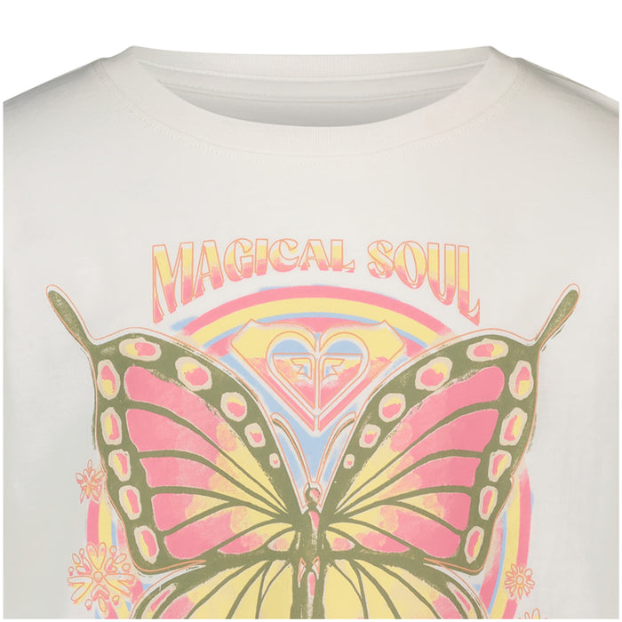 Close-up of the Girls' Butterfly Groove Tee by Roxy—a cotton boyfriend tee featuring a large, colorful butterfly graphic with pink and yellow wings, "MAGICAL SOUL" lettering above, and a heart design in the background for a dreamy boho look.