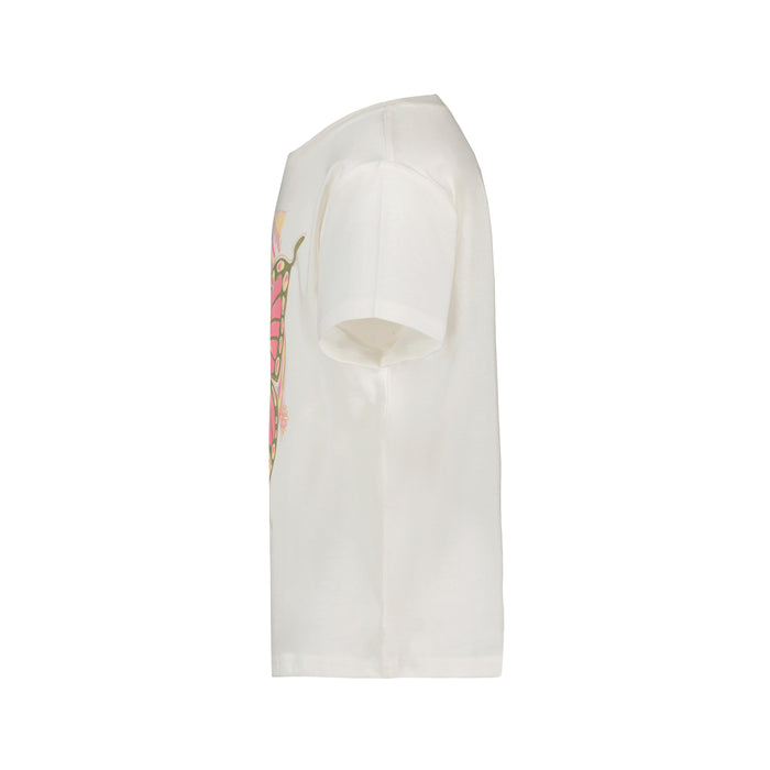 Side view of the Roxy Girls' Butterfly Groove Tee, a white cotton boyfriend tee with a partially visible colorful front graphic, shown against a plain white background.