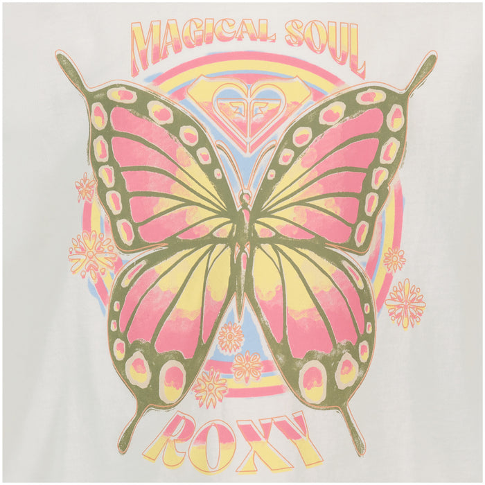 A large pink and yellow butterfly with green accents appears amid pastel circular patterns and flowers on the Girls' Butterfly Groove Tee by Roxy. “MAGICAL SOUL” tops the boho design, with “ROXY” beneath for a stylish look.
