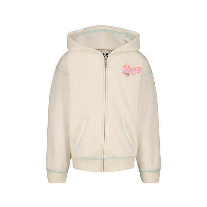 The Roxy Girls' Coastal Cruiser Zip Hoodie is an oversized, cream-colored hoodie made from soft cotton-poly fleece with a hood, front pockets, light blue stitching, and a pink heart logo on the left chest.