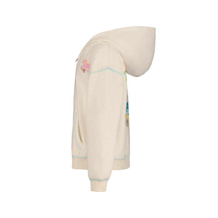 Side view of the Girls' Coastal Cruiser Zip Hoodie by Roxy, in cream cotton-poly fleece with blue stitching, front pockets, and colorful embroidered chest and sleeve details, shown on a white background.