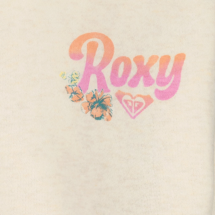 The Girls' Coastal Cruiser Zip Hoodie by Roxy is a beige cotton-poly fleece hoodie with "Roxy" in a pink-orange gradient, hibiscus flowers, and the heart logo below—perfect as an oversized zip hoodie for girls.