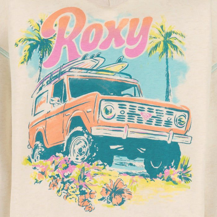 A colorful illustration of an orange vintage SUV with surfboards on top, flowers, palm trees, and "Roxy" in pink—perfect for the Roxy Girls' Coastal Cruiser Zip Hoodie.
