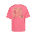 The Girls' Good Things Oversized Tee by Roxy is a pink cotton boyfriend tee with “Good Things Take Time to Grow” in bold yellow script and floral graphics on the back.