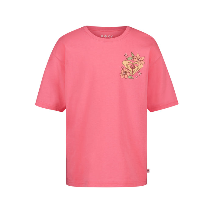The Girls' Good Things Oversized Tee by Roxy is a pink cotton jersey with a small floral and heart ROXY graphic on the left chest and the brand name at the inner neckline.