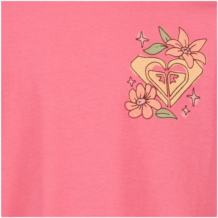 The Roxy Girls' Good Things Oversized Tee features pink cotton jersey with a yellow heart, pink flowers, green leaves, and sparkles in the upper right—a perfect pick for your next bold graphic look.