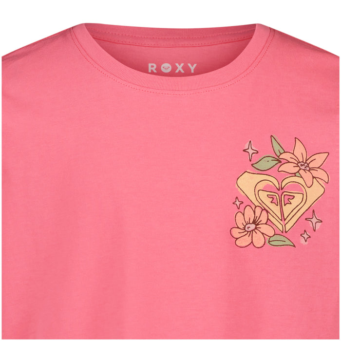 The Roxy Girls' Good Things Oversized Tee is a pink cotton jersey t-shirt with a floral and heart graphic on the upper left chest—two flowers, leaves, and a heart logo accented with sparkles—perfect for casual, boyfriend-style comfort.